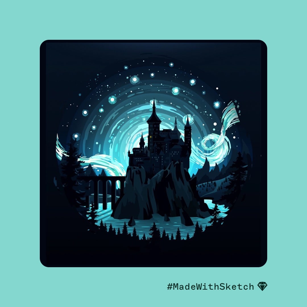Illustration of a castle at night against a starry blue sky, done in Sketch