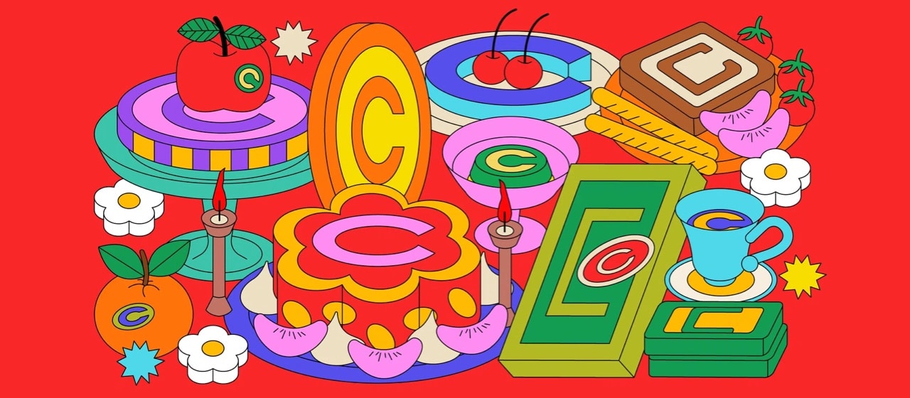 Header image designed by Lucia Pham, showing a number of illustrated items such as fruit, cakes and coffee cups with copyright logos on.