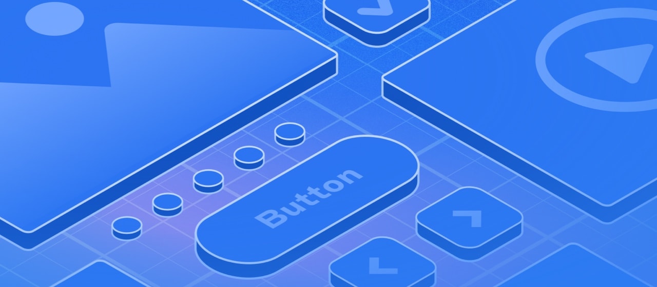 An isometric illustration that looks a little like a blueprint. It shows different UI elements — including buttons, images and video frames — slightly raised above the background.s