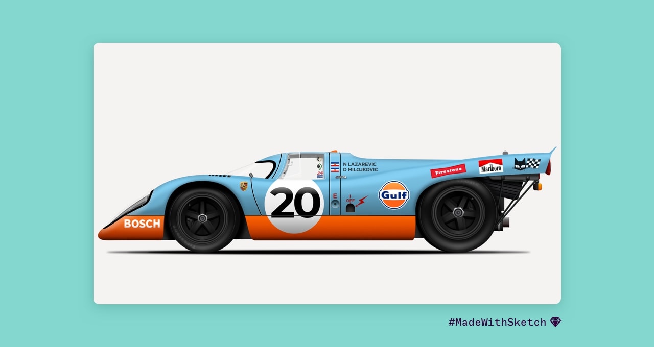 An illustration of a blue and orange 1970s racing car. The side of the car has brand logos and a large number 20.