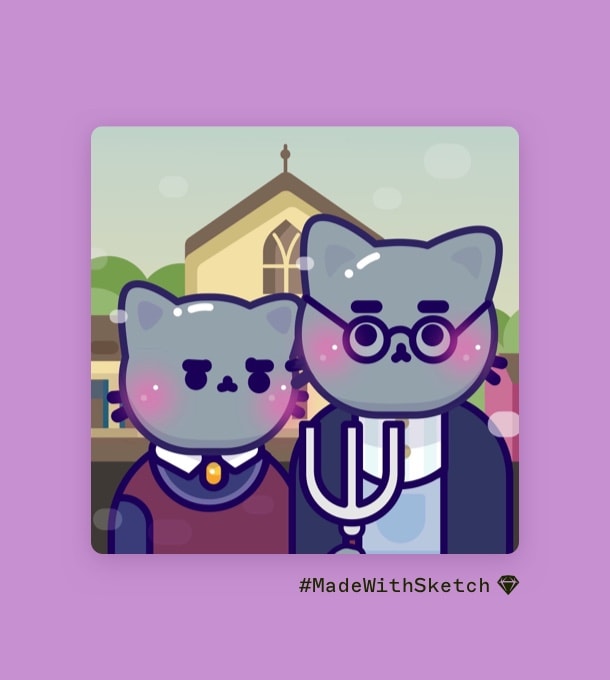 An illustration of Grant Wood's American Gothic, but featuring cartoon cats. It sits on a purple background.