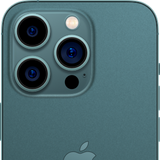A rear shot of the top half of an iPhone 14 Pro mockup. You can see the phone's three cameras and two sensors. The top of the Apple logo is just visible at the bottom of the image.