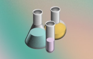 An illustration showing test tubes and beakers on a teal background