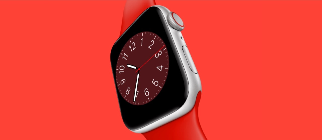 An Apple watch with a red band and the Metropolitan watch face on a red background