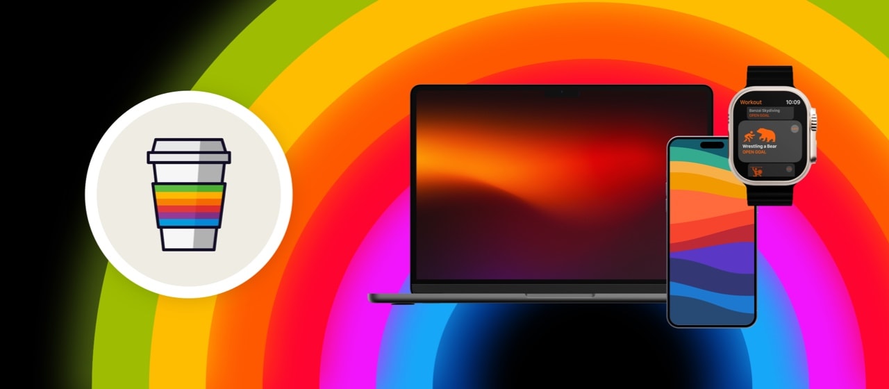 A compilation image showing designs from Basic Apple Guy, including a Mac wallpaper on a MacBook, an iPhone wallpaper, an Apple Watch screen and a coffee cup, all on a black background with a rainbow