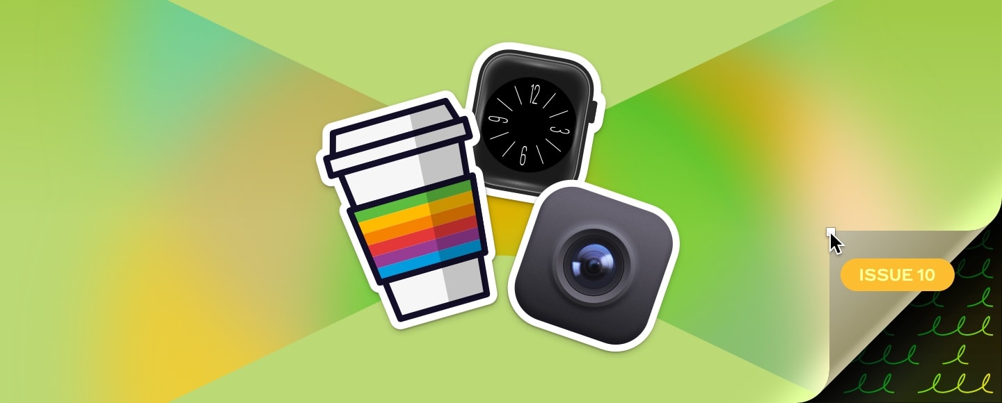 An illustrated header image showing three stickers on a green background. The stickers show a coffee cup with a rainbow holder band, an Apple Watch face, and a camera icon. The bottom-right corner of the image is being pulled up by a cursor revealing scribbles on a black background