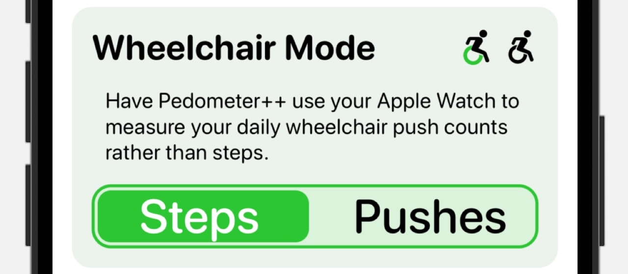 A screenshot of an iPhone app called Pedometer++ in wheelchair mode, with two wheelchair icons in the top-right corner and a switch that let's users choose between tracking steps or pushes.