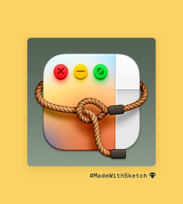 A Mac app icon that mimics a Mac app window with the three 'traffic light' icons in the top left. Around the window is a rope lasso. The icon is in a grey square which sits on a yellow background.