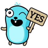 An illustration of the Go Gopher, a blue cartoon creature, holding a wooden sign with the word 'yes' written on it