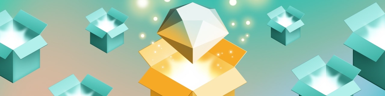 An isometric illustration of a 3D diamond floating above a yellow cardboard box. There is light coming from within the box. Around this central image are other, smaller boxes in blue. The whole image has a blue background.