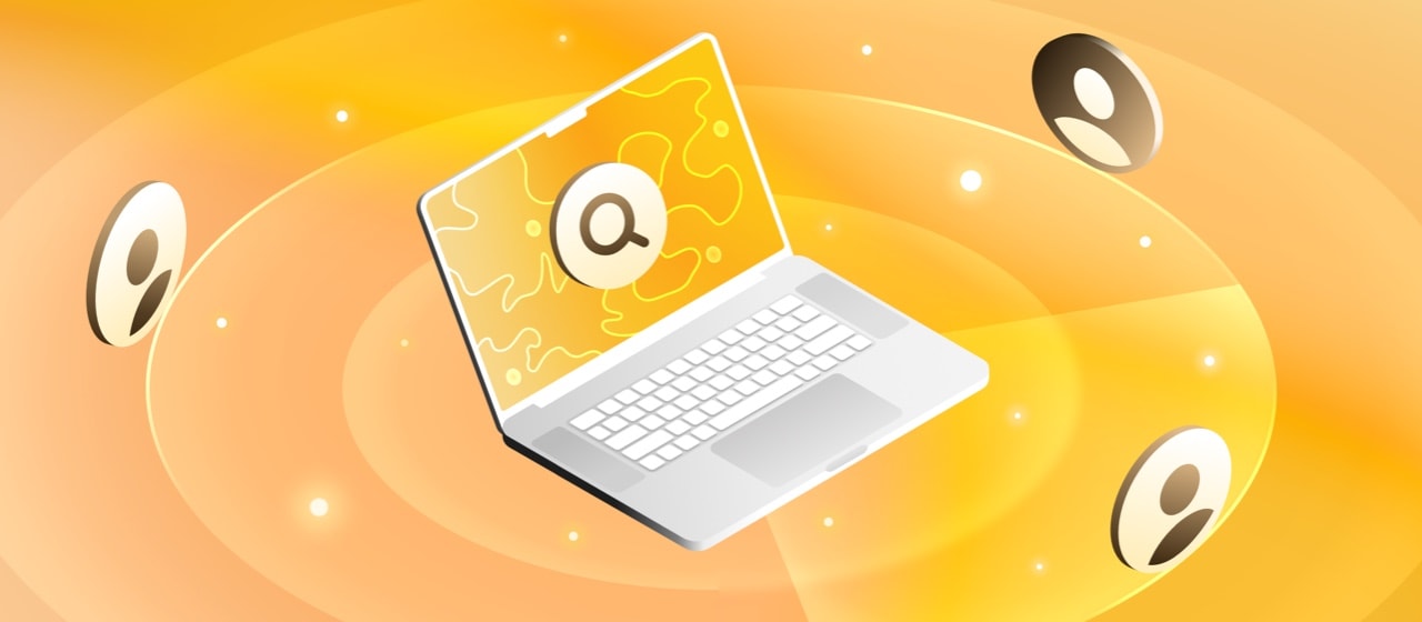 An illustrated isometric image showing a laptop on a yellow background, with a radar-like design underneath. On the laptop is a magnifying glass to symbolize a search, and around the laptop are three circles each showing an avatar image