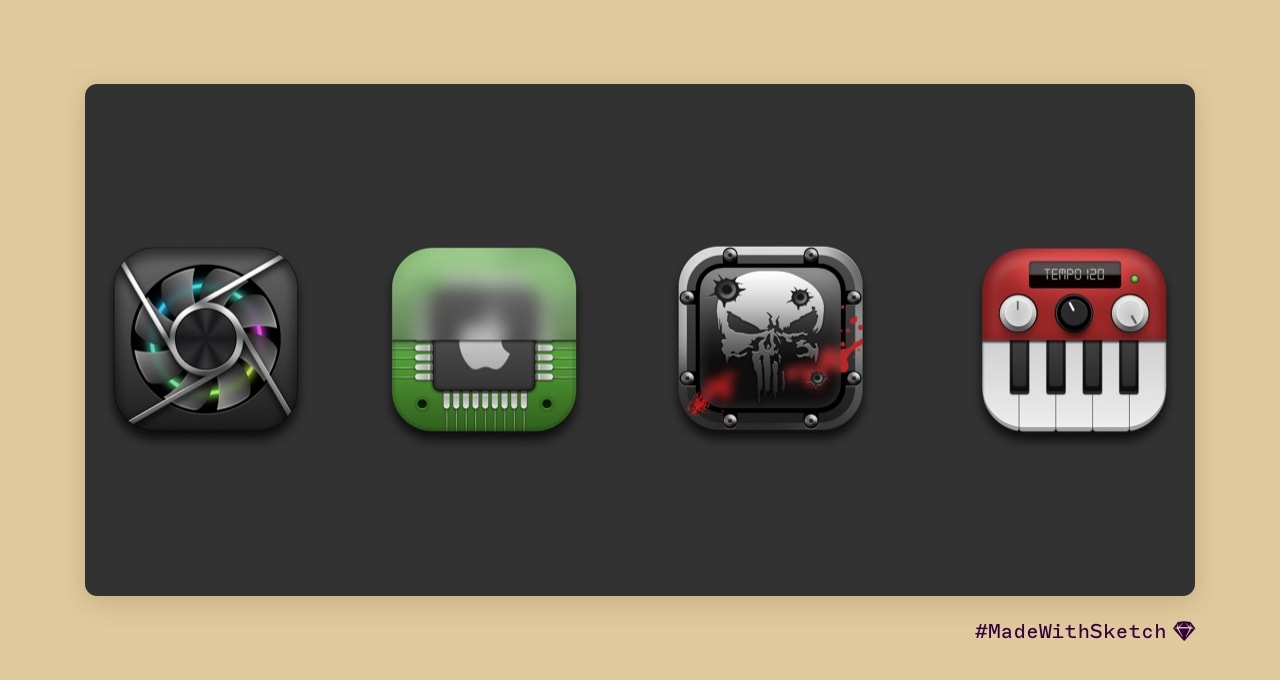 Four icons in a line. The left icon looks like a computer fan, the second icon looks like an Apple chip on a motherboard half obscured by translucent plastic, the third is an icon showing Marvel's Punisher skull, and the right icon depicts a red electric keyboard.