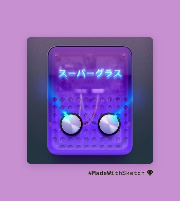 A mockup of a translucent purple guitar pedal with two metallic buttons at the bottom and some neon writing in Japanese at the top