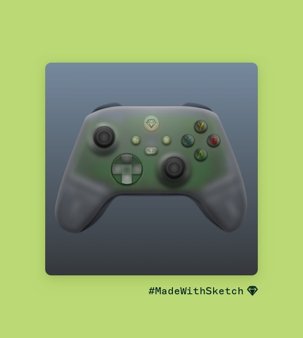 A mockup of a translucent video game controller created in Sketch on a blue/grey background