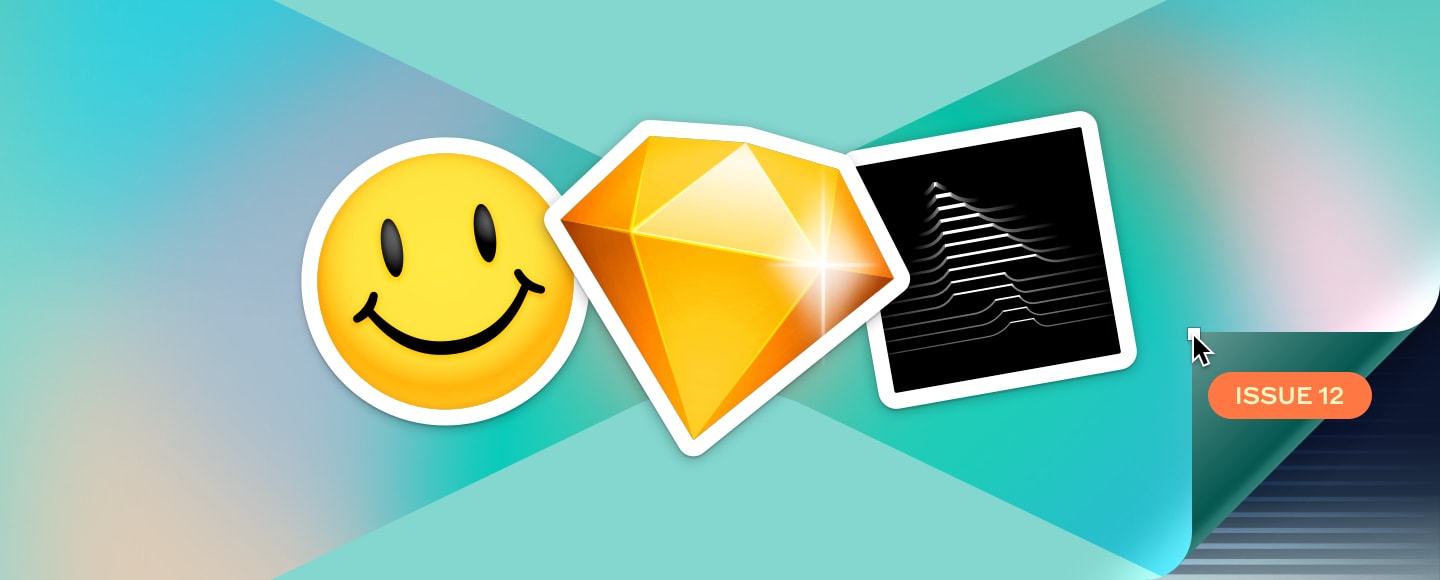 A blue background with three stickers on it. The first is a yellow smiley face, the middle is the Sketch diamond logo, and the right is an illustration of a computer cursor made from horizontal lines on a black background. The corner of the image is being peeled away by another Mac cursor to reveal more horizontal lines below.