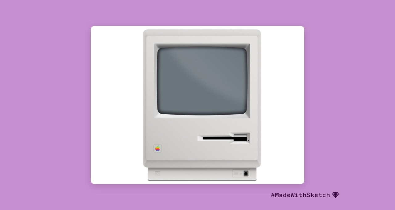 An illustration of the original Macintosh computer, on a purple background